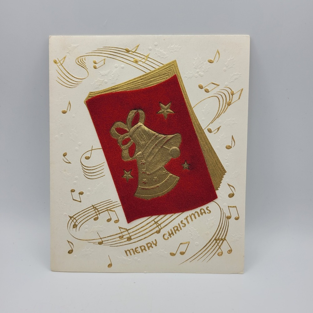 Vintage Merry Christmas Card Artistic Card Gold Musical Notes Bells